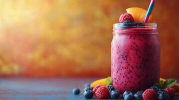 A smoothie with berries and fruit on a wooden table photo