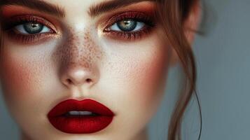 A woman with freckles and red lips photo