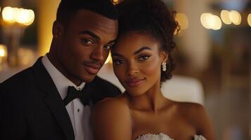 A young man and woman in formal attire photo