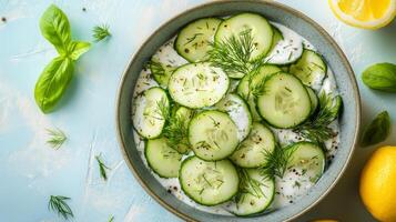 A bowl of cucumber salad with lemon and herbs photo