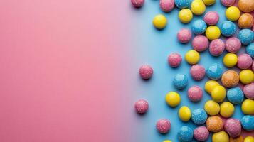 Colorful candy assortment on vibrant blue and pink background with sprinkles and various shapes photo