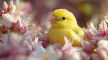 A small yellow bird is sitting in some pink flowers photo