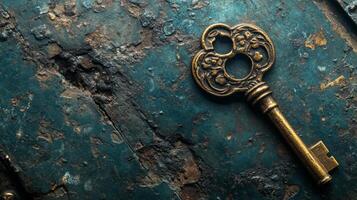 Vintage ornate key lying on a rusty surface with texture and detail captured in natural light photo