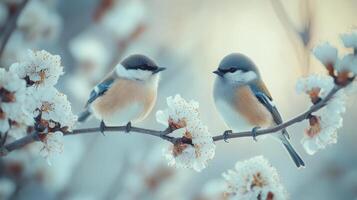 Two birds sitting on a branch with flowers photo