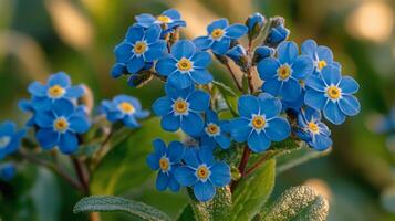 Blue forget-me-not flowers bloom abundantly in a lush green garden during springtime photo