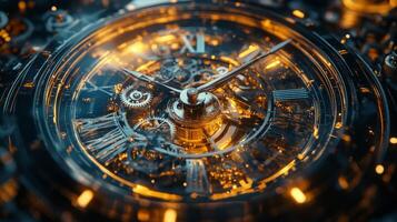 Intricate details of a mechanical watch with glowing components captured in macro view photo