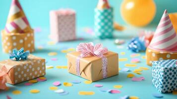 Colorful polka dot gifts arranged on a table for a festive celebration with balloons and decorations photo