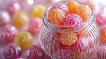 A glass jar filled with colorful candy photo