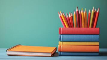 Colorful pencils and books on a wooden table photo