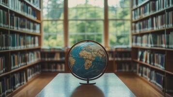 Globe in library with books and bookshelves photo