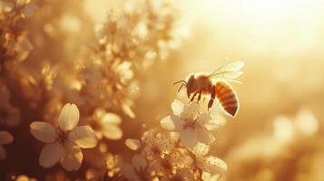 A bee is flying through a field of flowers photo