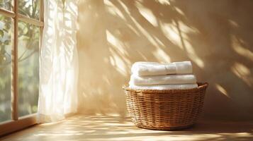 A basket with towels sitting on a window sill photo