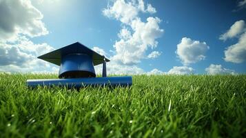 Graduation cap and diploma on grass photo