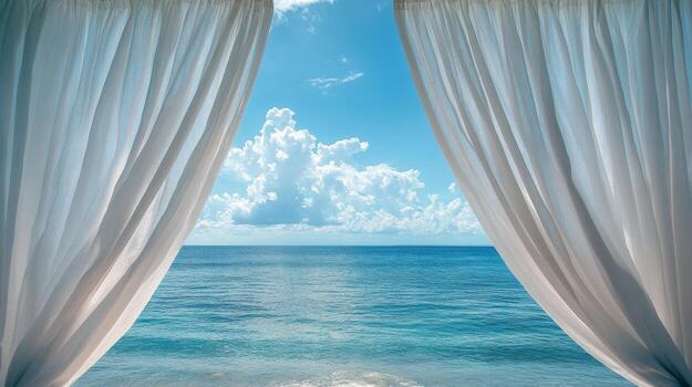 A view of the ocean through curtains photo