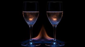 Two champagne flutes are lit up with blue light photo
