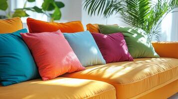 Colorful cushions on a bright yellow couch photo