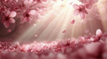 Pink cherry blossoms are shown in the sun photo