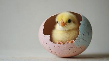 A baby chick peeking out from an egg shell photo