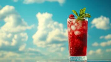 A glass of raspberry drink with mint leaves on top photo