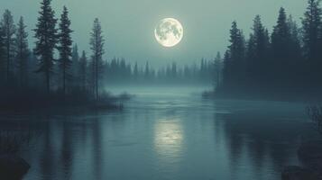 A full moon is seen over a river in the woods photo