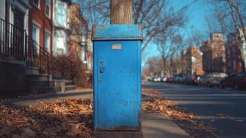 A blue mailbox on a street corner photo