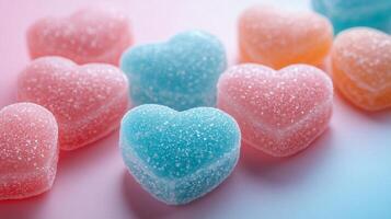 Colorful heart shaped gummy candies on a pink background photo