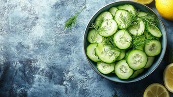 A bowl of cucumbers and lemons on a blue background photo