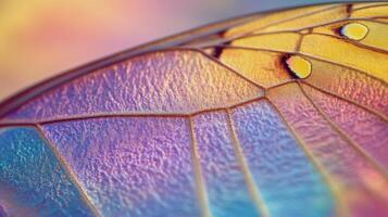 A close up of a butterfly wing with colorful colors photo