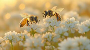 Two bees are standing on white flowers with sunlight photo