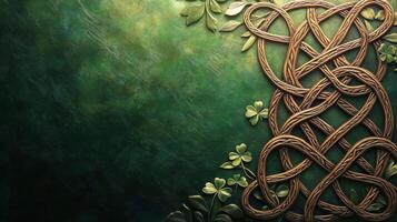 Celtic knot background with green leaves photo