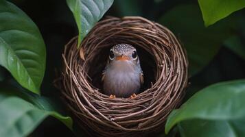 A small bird is sitting in a nest in the middle of a green plant photo