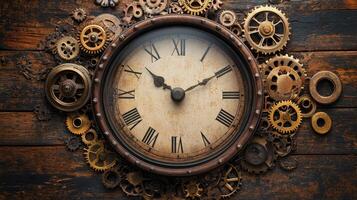 Steampunk clock on wooden background photo