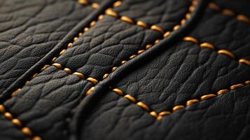 Closeup of a black leather with gold stitching photo