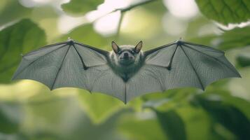 A bat is flying through the air in the forest photo