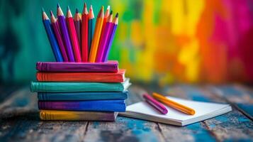 Colorful pencils and notebook on wooden table with colorful background photo