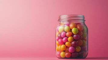 A jar filled with colorful candy on a pink background photo