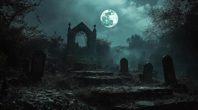 A graveyard with tombstones and a full moon photo