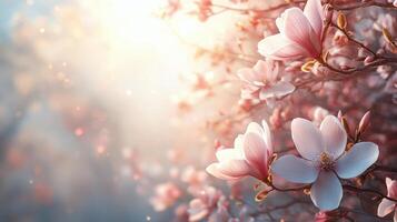 Beautiful spring flowers background with sun light photo