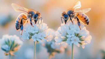 Two bees are standing on white flowers photo