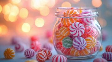 A jar filled with colorful candy on a table photo