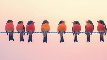 Five birds sit on a wire photo