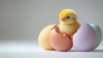 A small baby chick is sitting inside of an egg photo