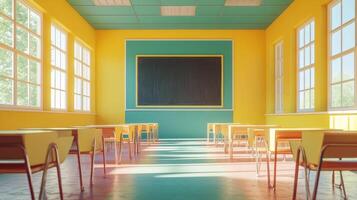 A classroom with yellow walls and chairs photo