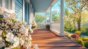 A porch with flowers and a blue house photo