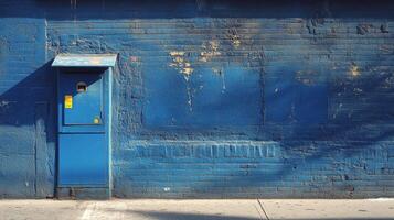 A blue building with a yellow sign on it photo
