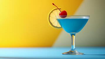 Blue cocktail with cherry on top on a yellow and blue background photo