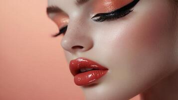 Beautiful woman with bright makeup and red lips photo