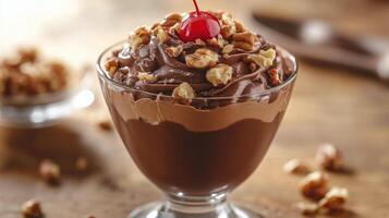 A chocolate dessert with nuts and cherries photo