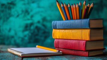 Colorful books and pencils on wooden table photo