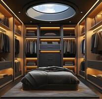 A modern walk in closet with a bed and clothes photo